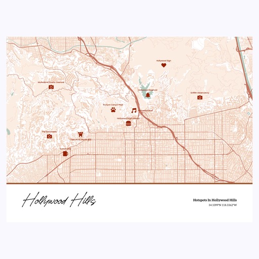 Hotspots in Hollywood Hills Poster - Street Map 1