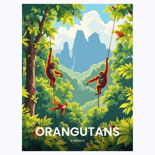 Oranguntans in Borneo Travel Print - Vintage Travel Art Poster 6