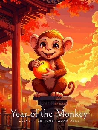 Monkey in Wavy Paintbrush Print - Custom Chinese Zodiac Poster