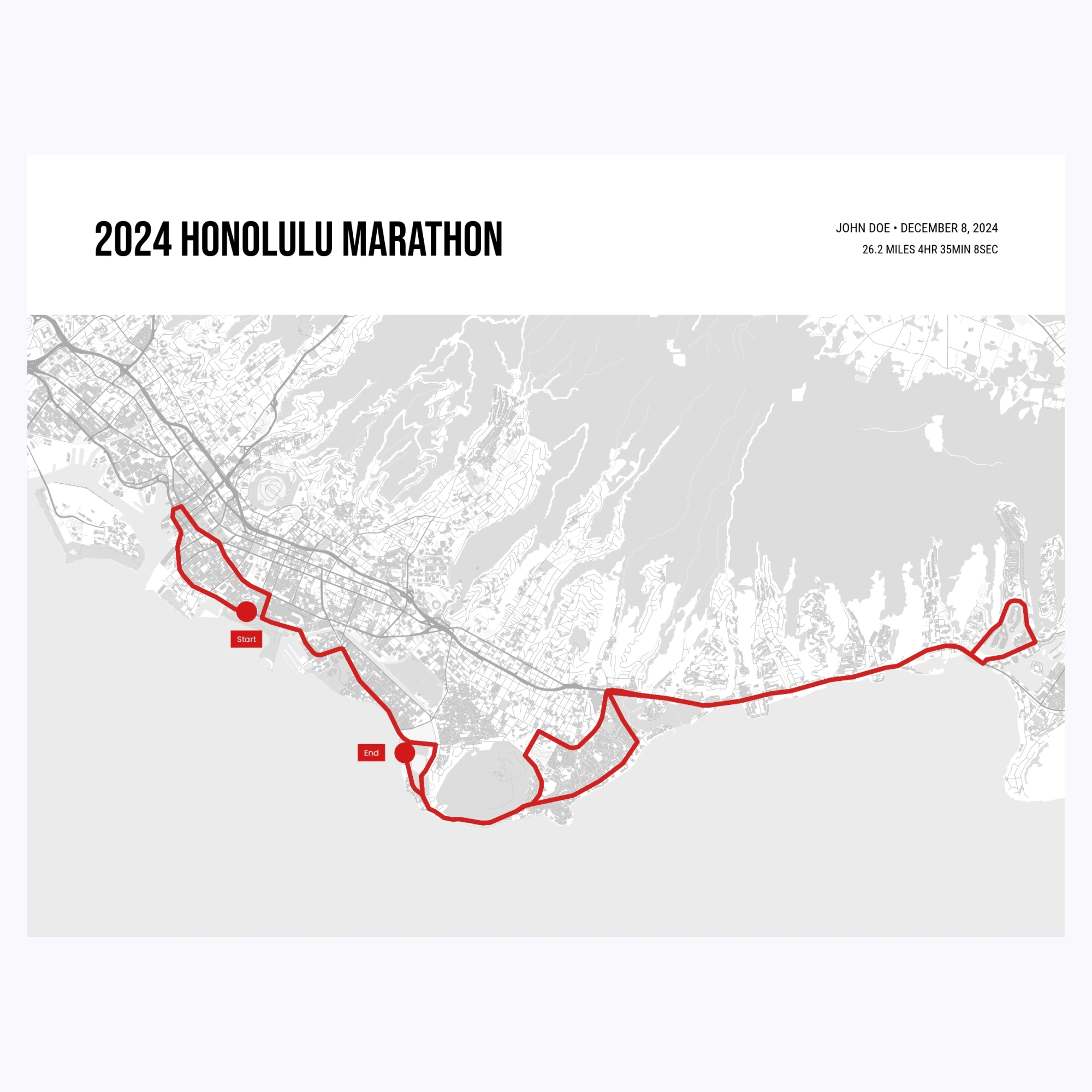 2024 Honolulu Marathon Poster - Route Map - Custom Design by You